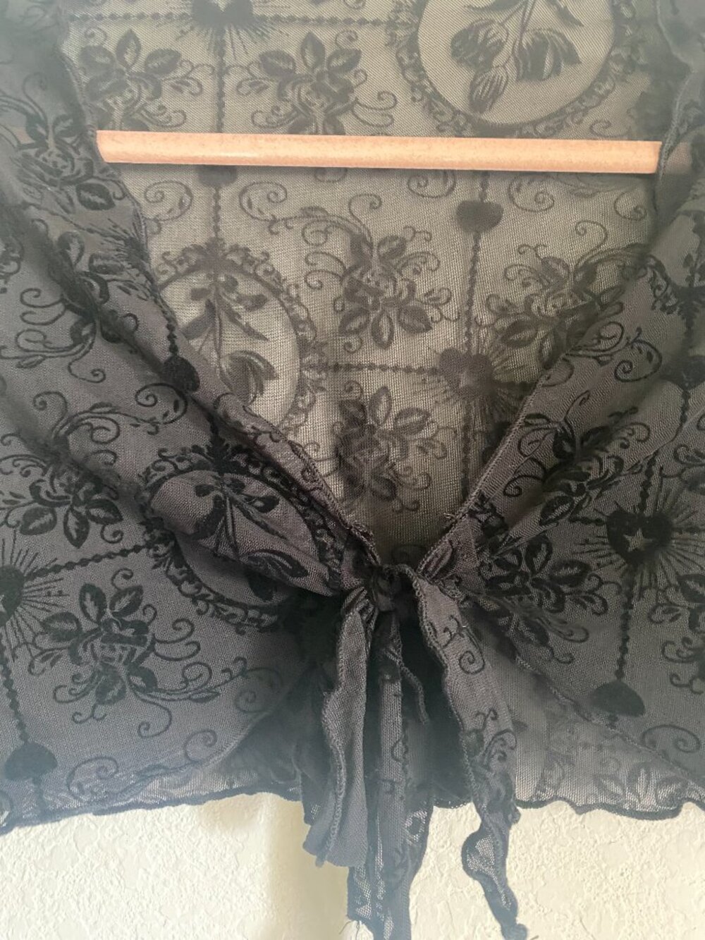 Vintage Black Sheer Lace Tie-Front Crop Top Dramatic Bell Sleeve Whimsigoth - Picture 5 of 8